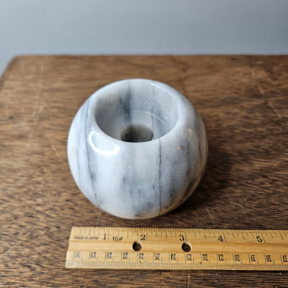 Vintage White Grey Veined Marble Orb Sphere Taper Candle Holder Minimalist MCM